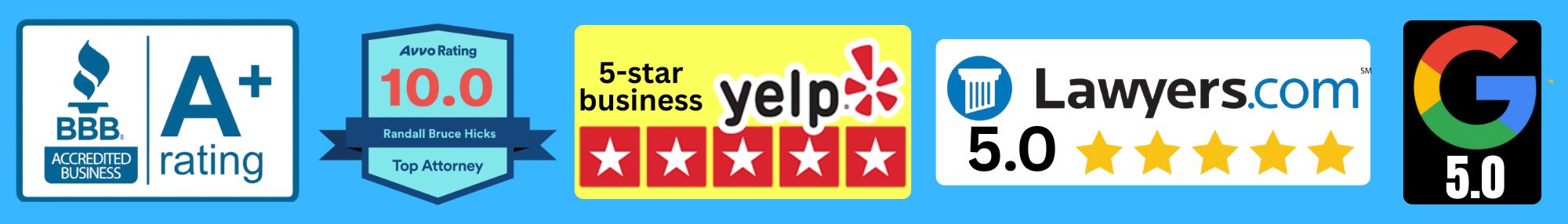 Review sites to read reviews for Randall Hicks: Avvo, BBB, Lawyers.com, Google, Yelp.